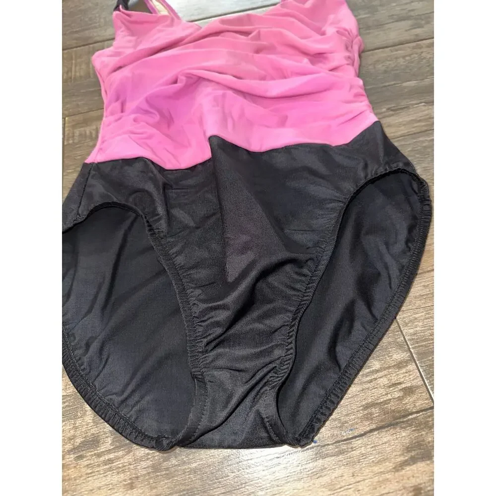 Vintage Miraclesuit One-Piece Swimsuit Size 12 Pink Black Colorblock Ruched